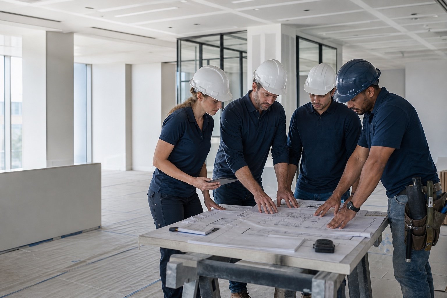 Moyeda construction professionals reviewing project plans together