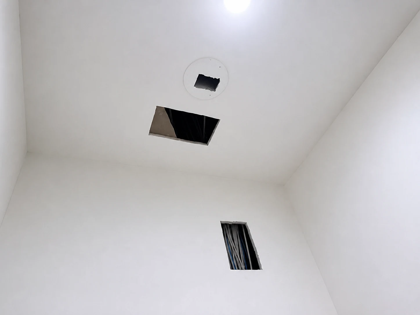 Professionally restored Moyeda field photo of multiple ceiling openings prepared for drywall closure and finishing