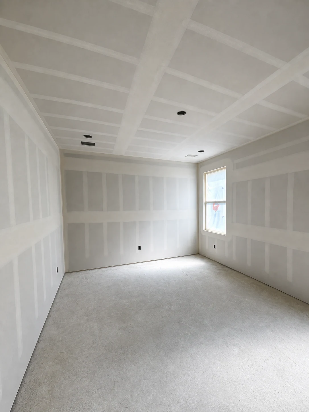 Professionally restored Moyeda field photo of bedroom drywall finish preparation