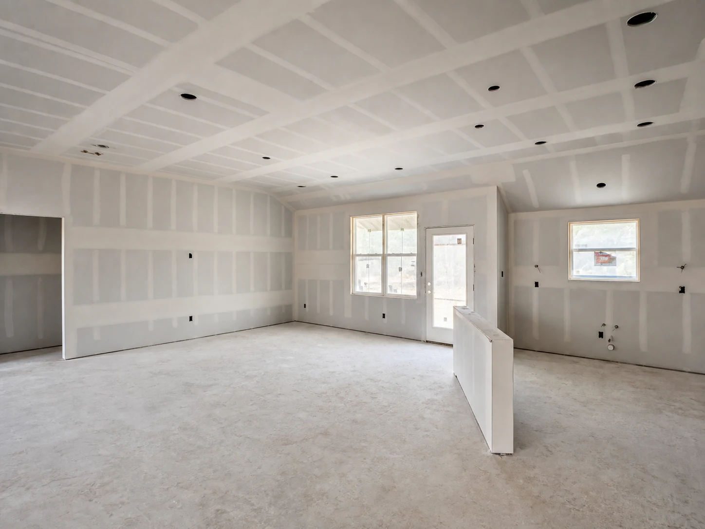 Professionally restored Moyeda field photo of an open-plan interior during drywall finishing
