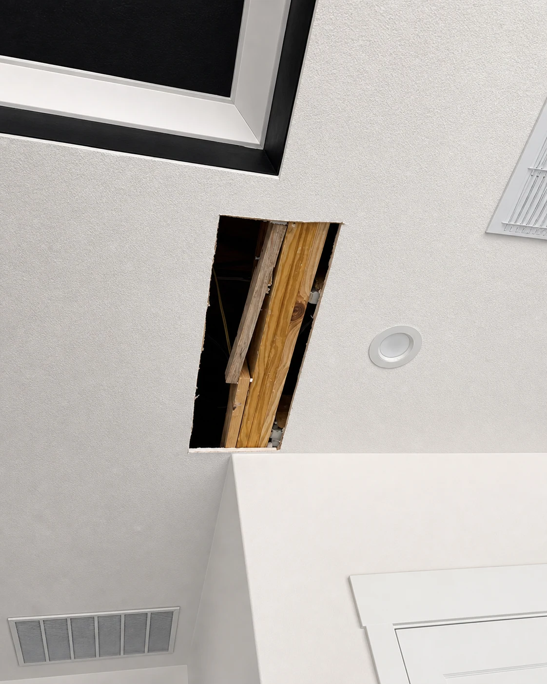 Professionally restored Moyeda field photo of a rectangular opening near a black tray ceiling