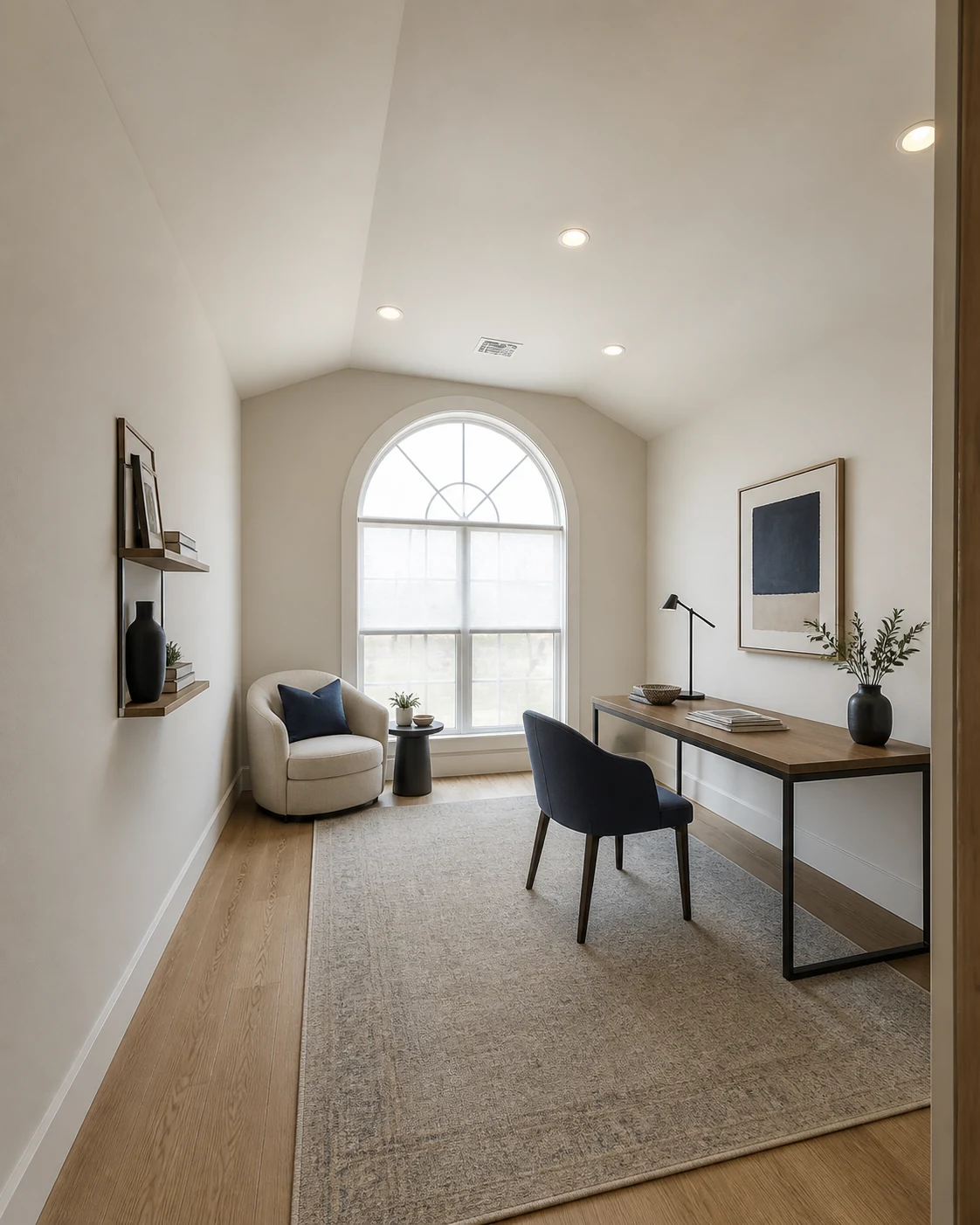 Finished home-office study based on the documented arched-window drywall room